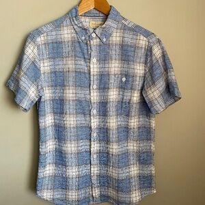 Weatherproof Vintage Washable Linen Men's Blue Plaid SS Button Up Shirt‎ Small